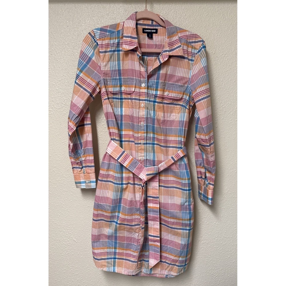 Lands End Shirt Dress Cottonβ Small Preppy Plaid Pastels Coastal Teacher Cottage